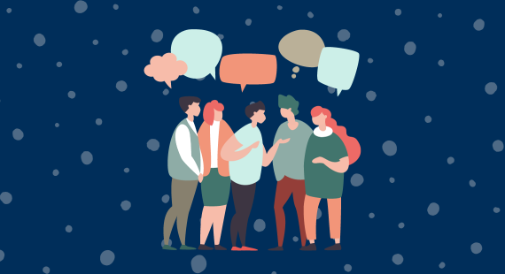 Illustration showing a group of five people sharing opinions and talking with one another