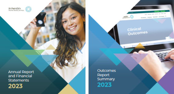 Photos of the covers of the 2023 Annual Report and Outcomes Report of St Patrick's Mental Health Services, showing staff from the organisation along with the report titles