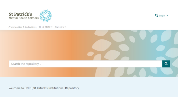 Image showing the homepage of SPIRE, St Patrick's Institutional Repository, with a welcome message, menu navigation and search functionality on display