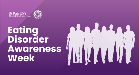 Graphic showing the silhouette of a group of eight people, with text reading "Eating Disorder Awareness Week"